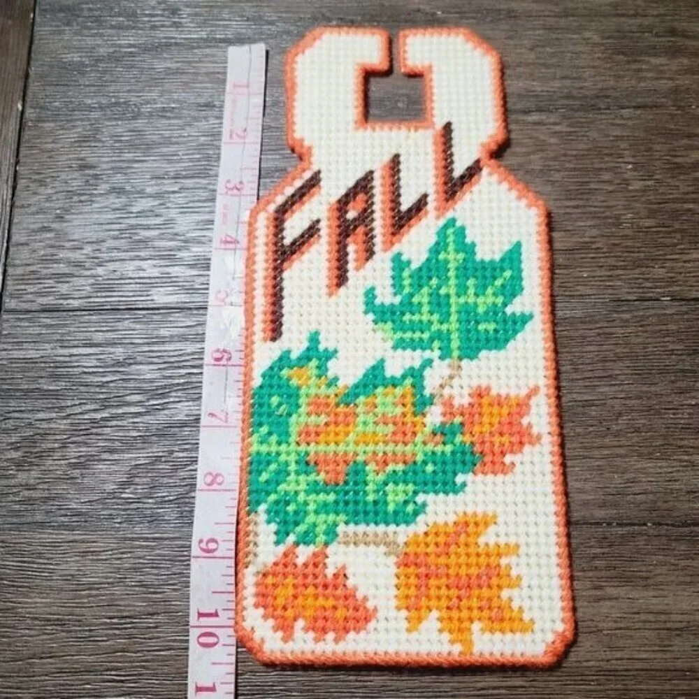 Vintage MCM Needlepoint Fall Leaves Plastic Door Hanger Orange Brown Retro